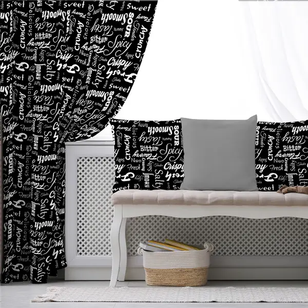 Siyah Yazılı Desenli Fon Perde Evim271 Kumaşı Kalındır Duck Bezi Değildir- Mavi-beyaz