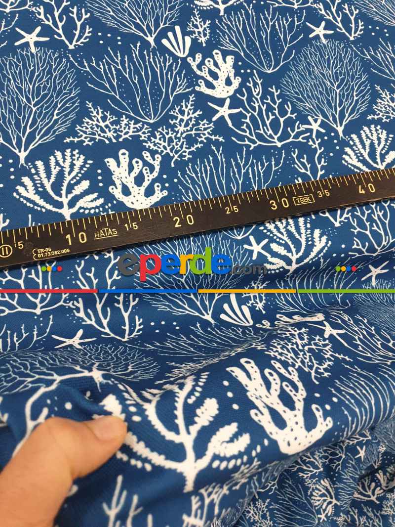 Mercan Marine Desenli Fon Perde Evm1078 Kumaşı Kalındır Duck Bezi Değildir- Beyaz