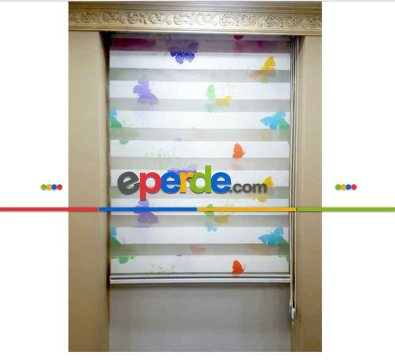 Renkli Kelebek Zebra Perde- Mavi-beyaz- Çok Renkli 3