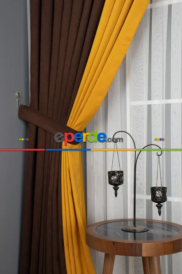 Yatak Odası - Koyu Kahverengi - Hardal Kombinli Fon Perde