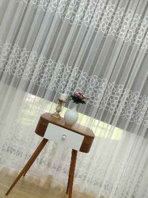 mutfak - Sıralı Desenli Dantel Örme Tül Perde - Ekru Renk- Ekru