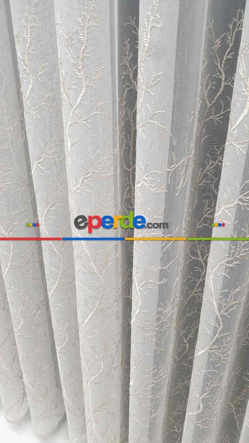 Oturma Odası - Selvi Ağaç Desenli İşlemeli Tül Perde - Krem