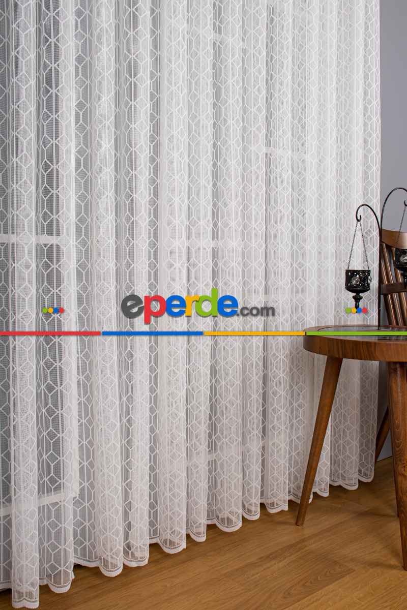 Salon - Taç Fransız Dantel Örme Tül Perde - Ekru