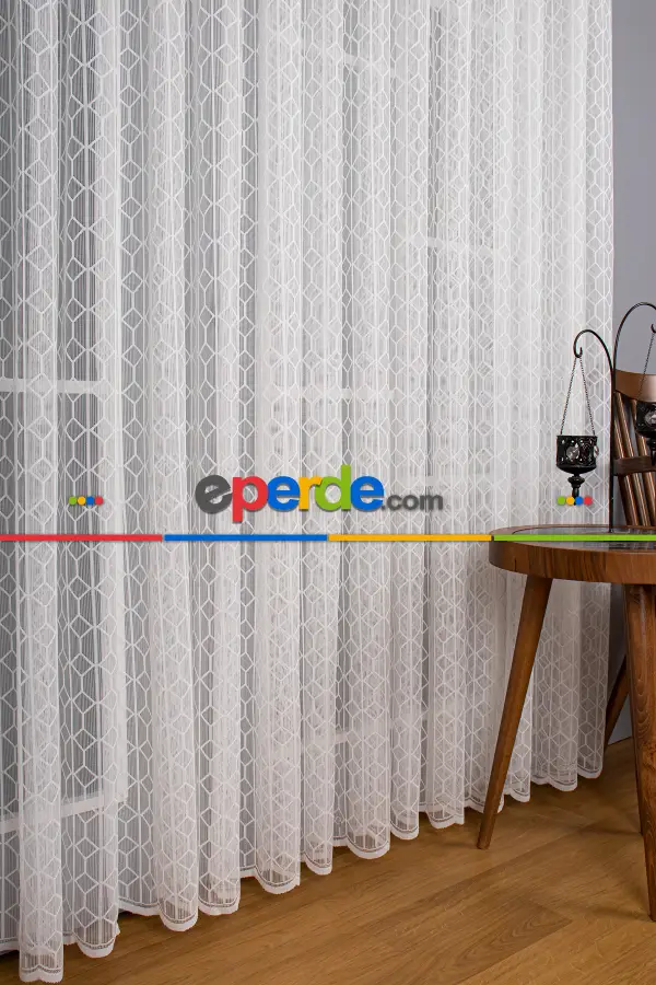 Salon - Taç Fransız Dantel Örme Tül Perde - Ekru