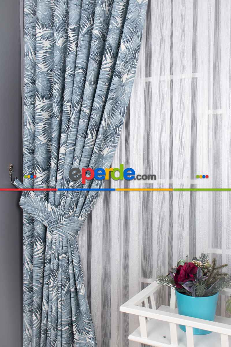 Tropikal Yaprak Desenli Fon Perde(leke Tutmaz)- Çok Renkli 2