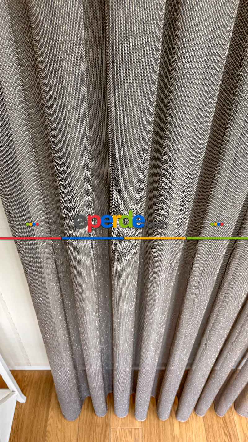 Kahverengi Keten Gümüş Simli Tül Perde - Ağır Gramajlı Premium