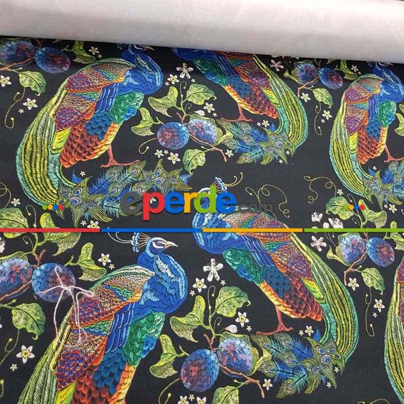 Tavuskuşu Desenli Fon Perde Evm315 -t - Kumaşı Kalındır Duck Bezi Değildir.- Siyah-Yeşil-Mavi-Çok Renkli