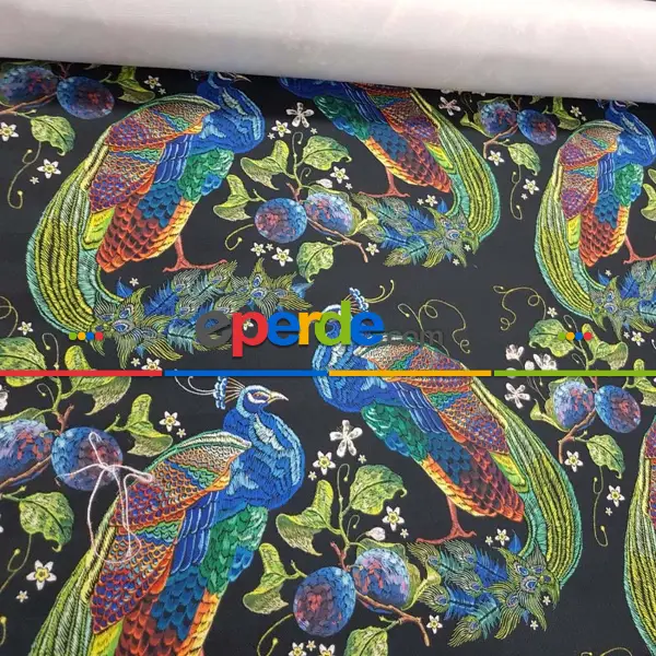 Tavuskuşu Desenli Fon Perde Evm315 -t - Kumaşı Kalındır Duck Bezi Değildir.- Siyah-Yeşil-Mavi-Çok Renkli