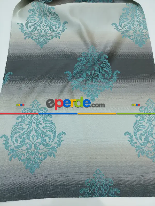 Renk Geçişli Jakar Desenli Salon Fon Perdesi - Turkuaz - Füme - Vizon- Bej-füme-turkuaz