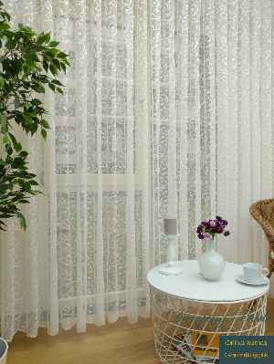 Şal Desen Fransız Dantel Tül Perde & Kruvaze Perde- Ekru