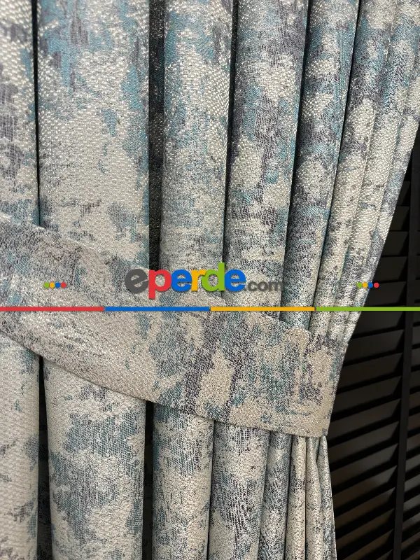 Yatak Odası - PatineDesenli Petrol Turkuaz Yeşil Desenli Jakar Fon Perde (180)- Antrasit