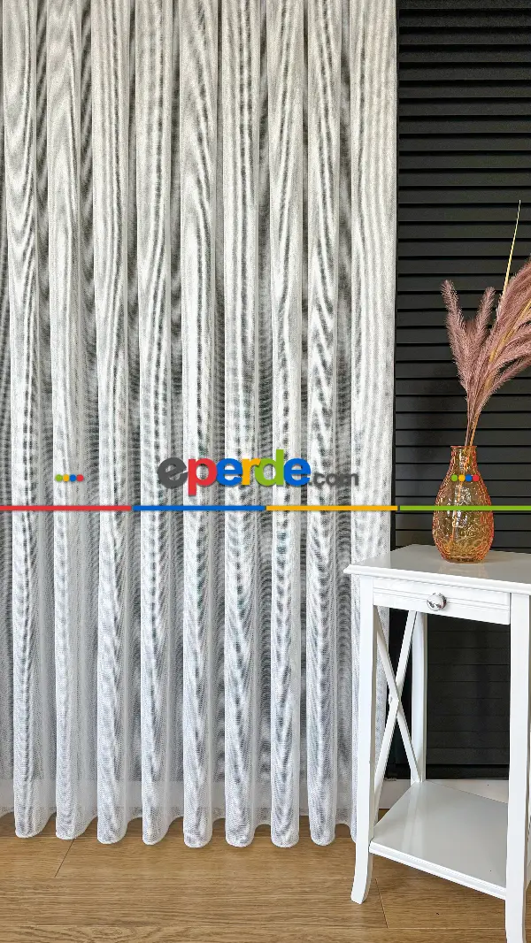 Salon - Ekru Keten Gümüş Simli Tül Perde - Ağır Gramajlı Premium