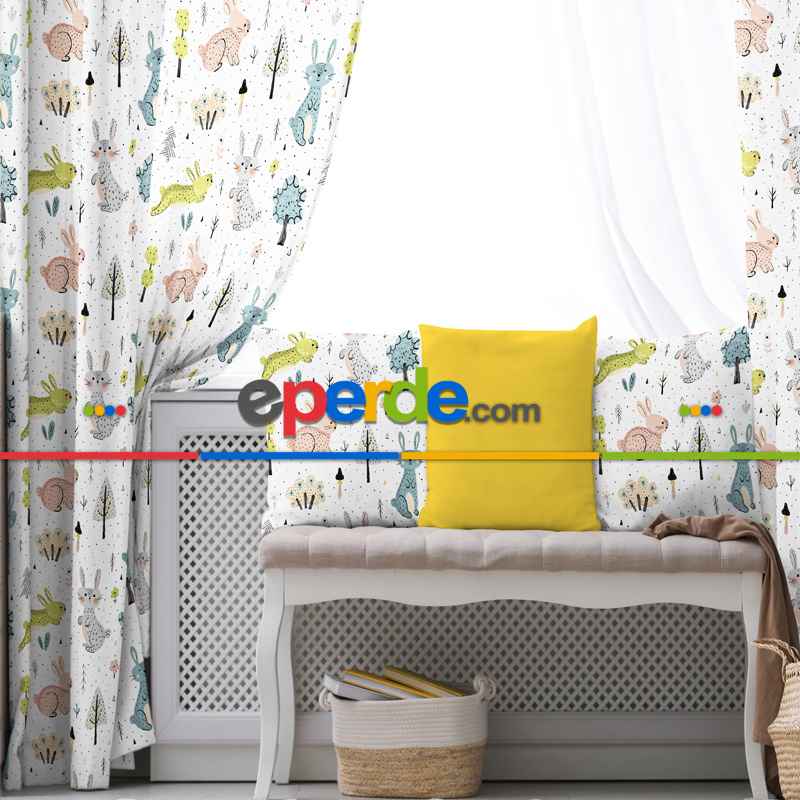 Hayvan Desenli Fon Perde Evim822 Kumaşı Kalındır Duck Bezi Değildir- Mavi-beyaz