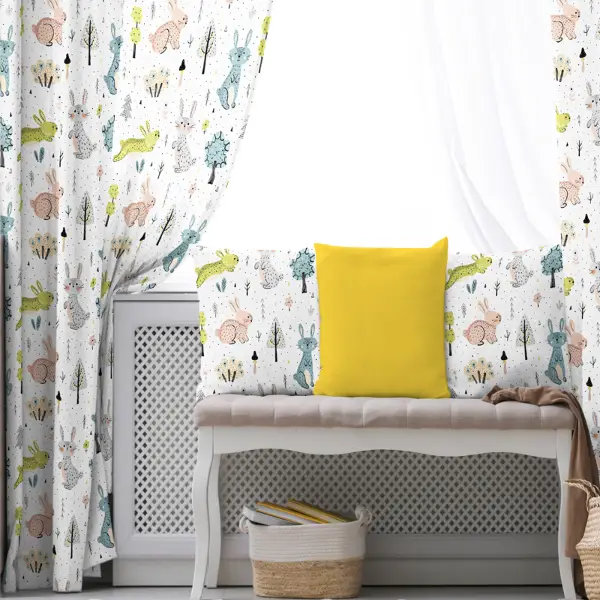 Kız, Erkek, Çocuk ve Bebek Odası Fon Perde - Orman ve Tavşan Desenli - Yavruağzı Gri Mavi Yeşil