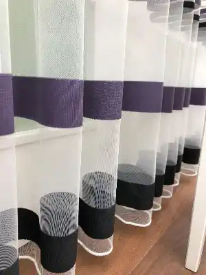 Enine Çizgili Bantlı Spor Tül Perde- Siyah-mor-ekru - Kurşunlu Tül