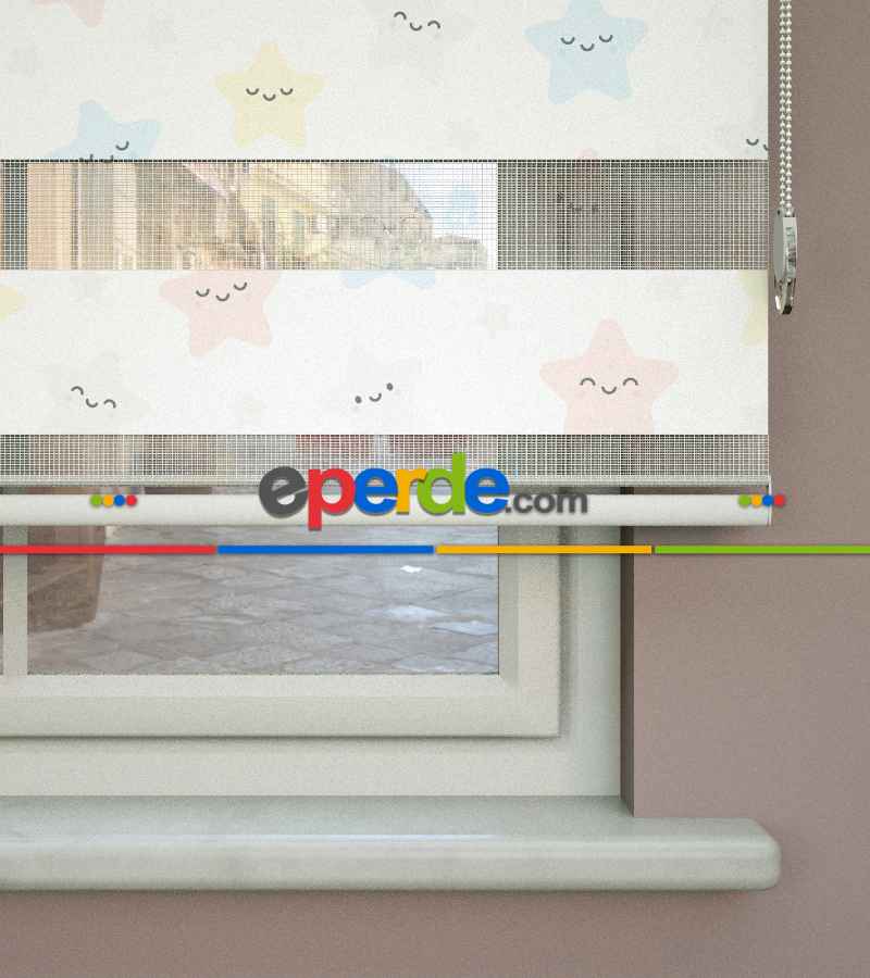 Yıldız Desenli Baskılı Zebra Perde- Çok Renkli