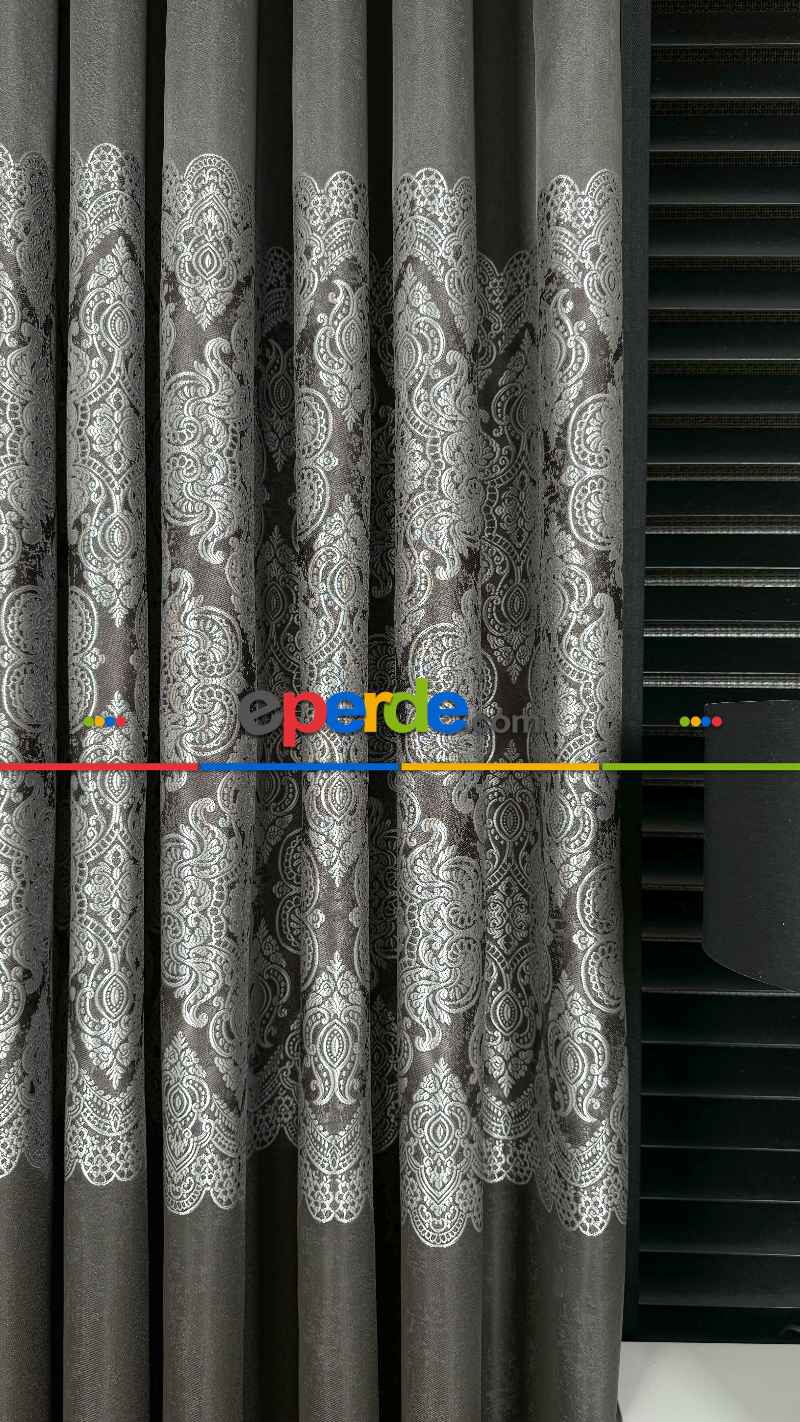 Gri Gümüş Fon Perde, Damask Desenli