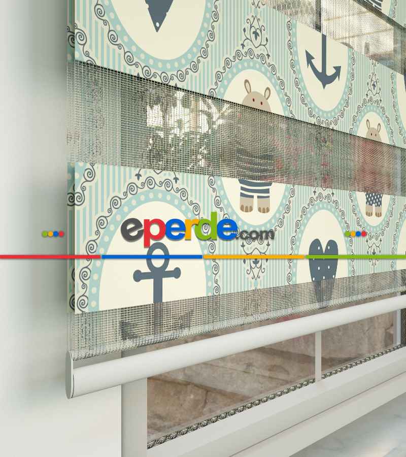 Çocuk Odası Zebra Perde - Çapa Ve Kalp Baskılı Zebra Perde- Gri-Füme-Antrasit-Beyaz-Su Yeşili