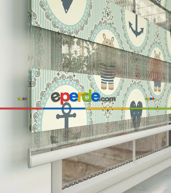 Çocuk Odası Zebra Perde - Çapa Ve Kalp Baskılı Zebra Perde- Gri-Füme-Antrasit-Beyaz-Su Yeşili