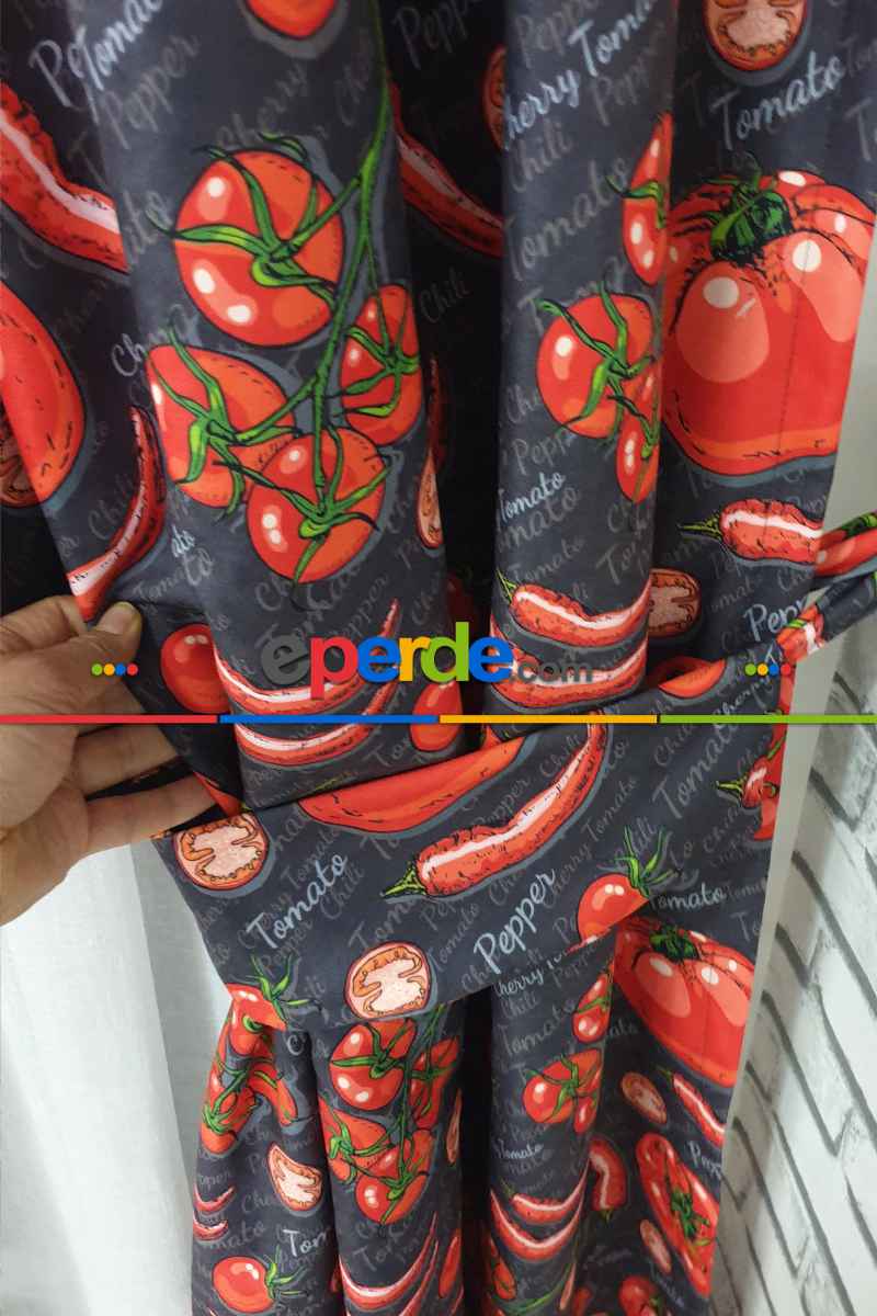 Mutfak Perdesi Kanat Fon Perde Dometes Biber Desenli- Siyah