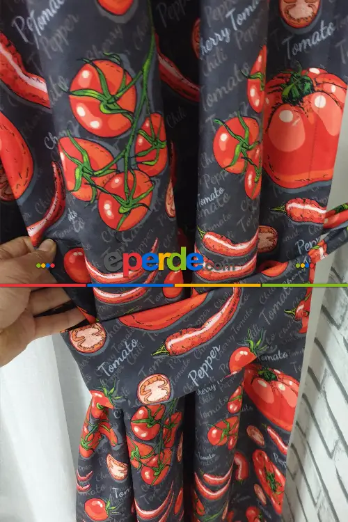 Domates Biber Resimli Fon Perde K610 M - Kumaşı Kalındır Duck Bezi Değildir.- Siyah-Kırmızı-Çok Renkli