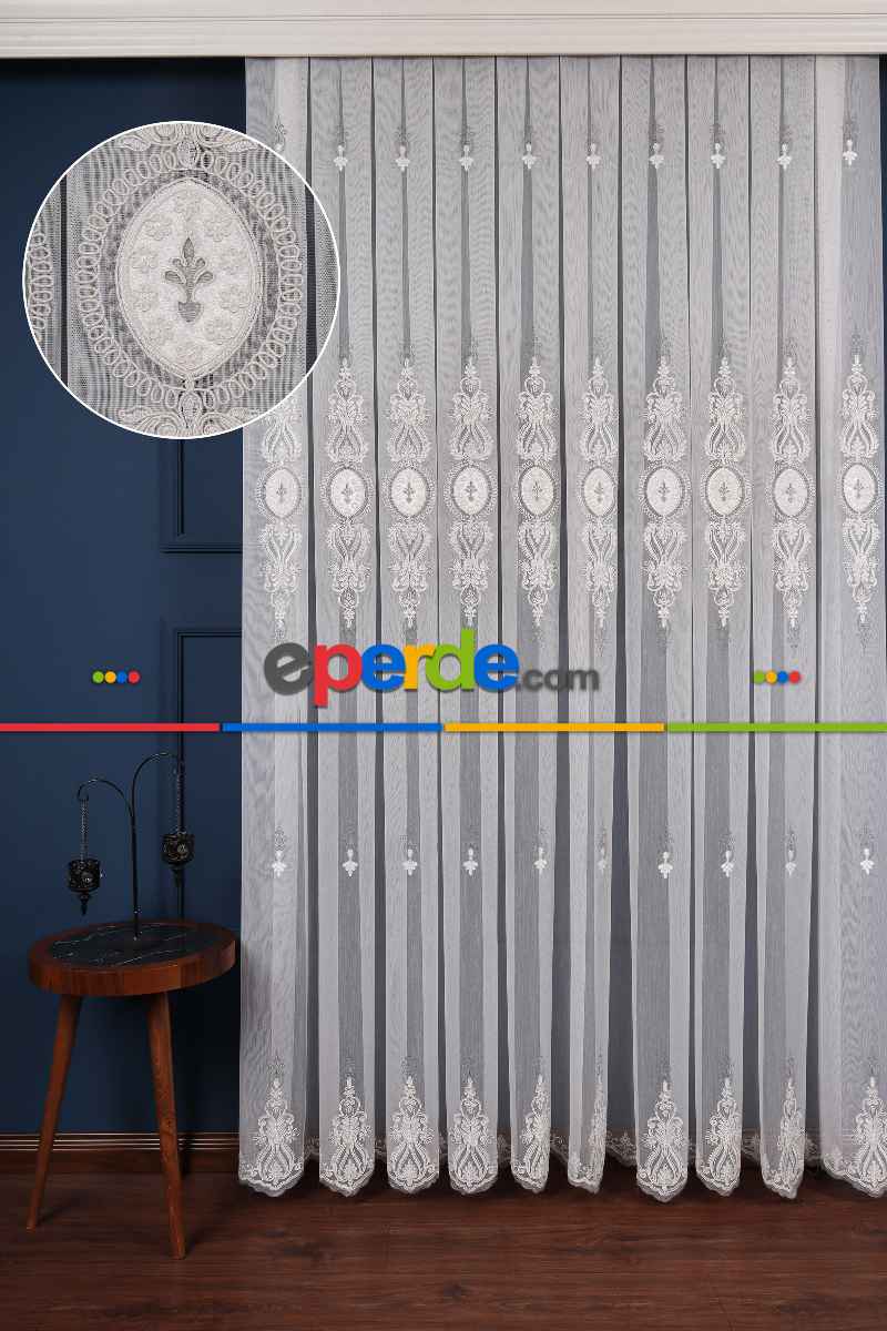 Salon Tül Modelleri - Avangart Ekru-gri Nakış İşlemeli Tül Perde