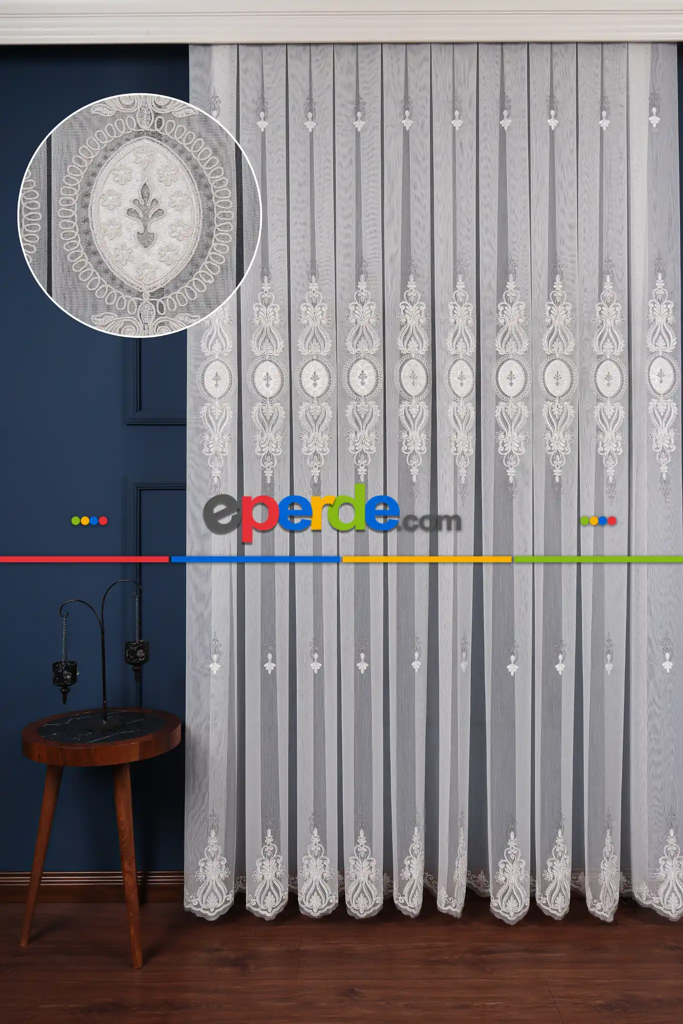 Salon Tül Modelleri - Avangart Ekru-gri Nakış İşlemeli Tül Perde