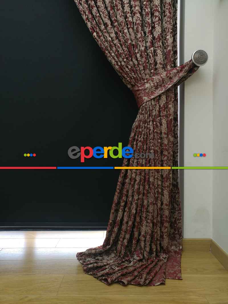Patine Desenli Bordo Krem Desenli Jakar Fon Perde - Bordo