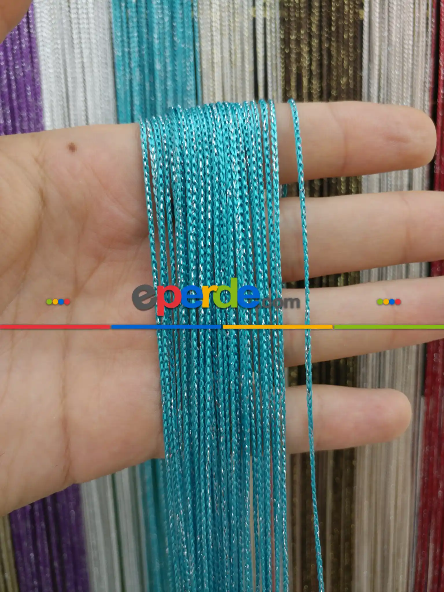 Açık Mavi Rengi İp Perde İnce Zincir Simli Serisi- Mavi-gümüş