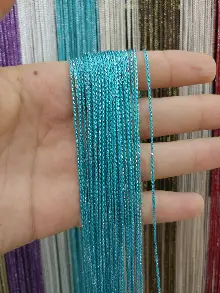 Mutfak İp Perde - Açık Mavi Rengi İp Perde İnce Zincir Simli Serisi- Mavi-gümüş