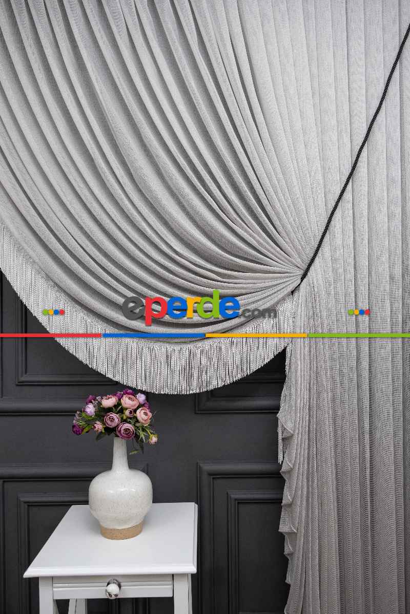 Salon Tül - Gri Monalisa Yalancı Kruvaze - Halat İle Tülden Fon - Yana Toplamalı Tül - Kordon Toplama Tül - Çift Veya Tek Kanat - Aksesuar İlave Ücretlidir - Kurşunlu Tül