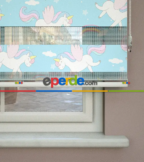 Unicorn Desenli Baskılı Zebra Perde- Çok Renkli