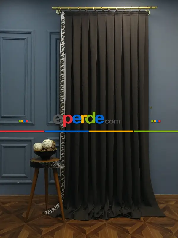 Modern Bordürlü Salon Fon Perdesi İkon 2021 Elıte- Krem Açık-kahve Venge-kahve