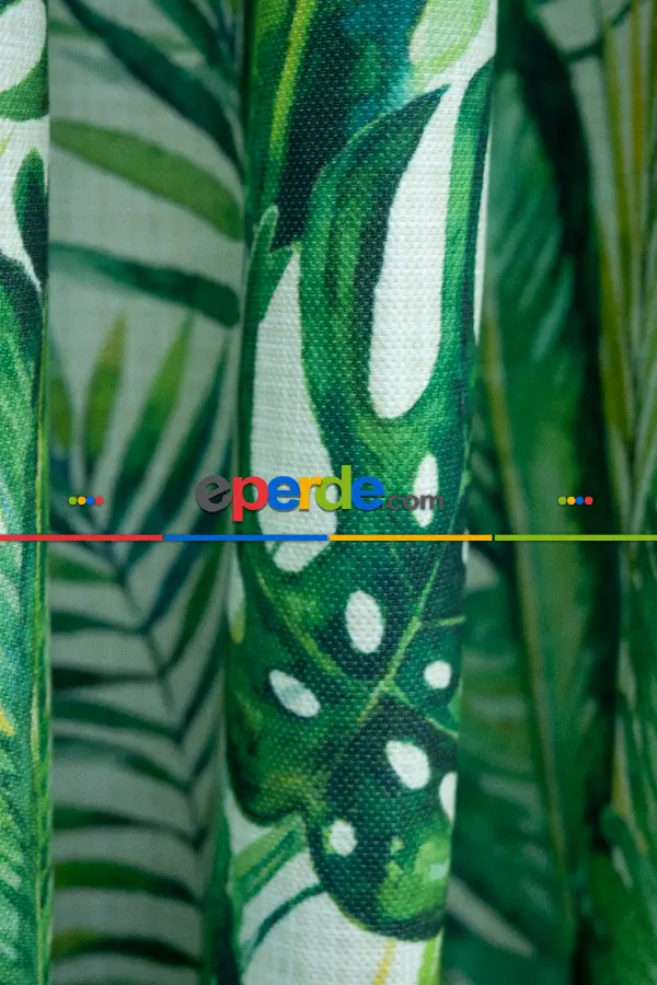 Salon Fon - Tropikal Yaprak Desenli Fon Perde Evm1122 Kumaşı Kalındır Duck Bezi Değildir- Yeşil-Beyaz