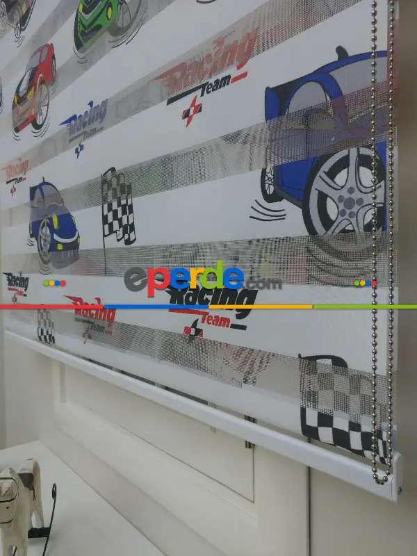 Bebek Odası Zebra Perde - Zebra Perde Racing- Mavi