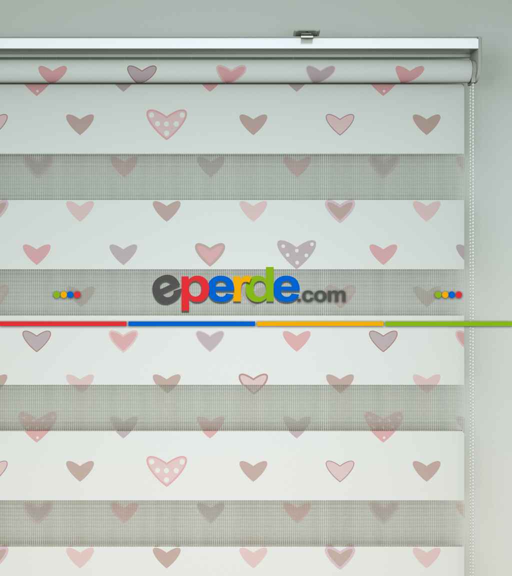 Kalp Desenli Baskılı Zebra Perde- Çok Renkli