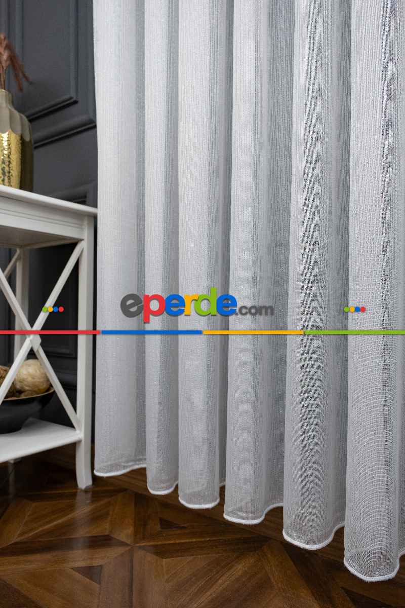 Gümüş Simli İnce Çizgili Gramajlı Dökümlü Kaliteli Tül Ekru