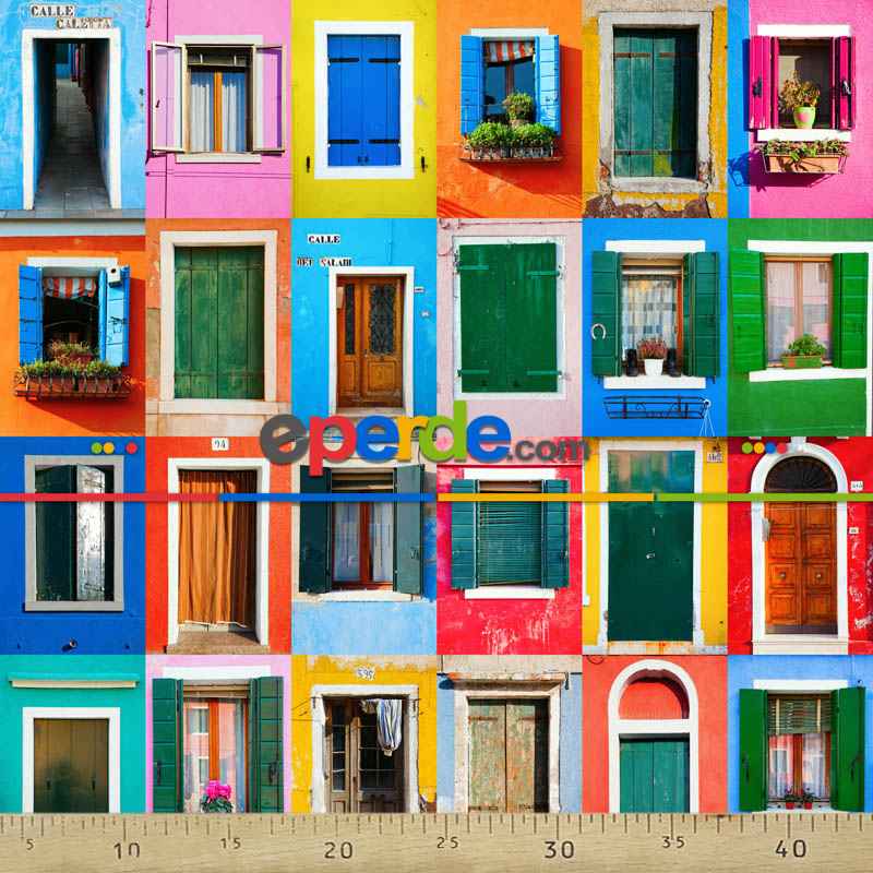 Renkli Kapı Pencere Desenli Fon Perde Evm1071 Kumaşı Kalındır Duck Bezi Değildir- Mavi-Turuncu-Kırmızı Açık- Çok Renkli 3