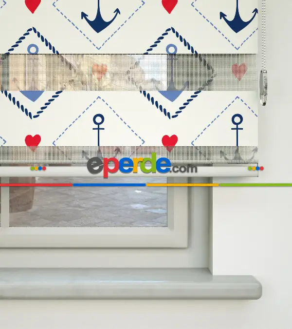 Çapa Ve Kalp Desen Baskılı Zebra Perde- Lacivert-mavi-kırmızı