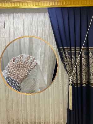 Kare Desen Çizgili Ütü İstemez Tül Perde-ekru