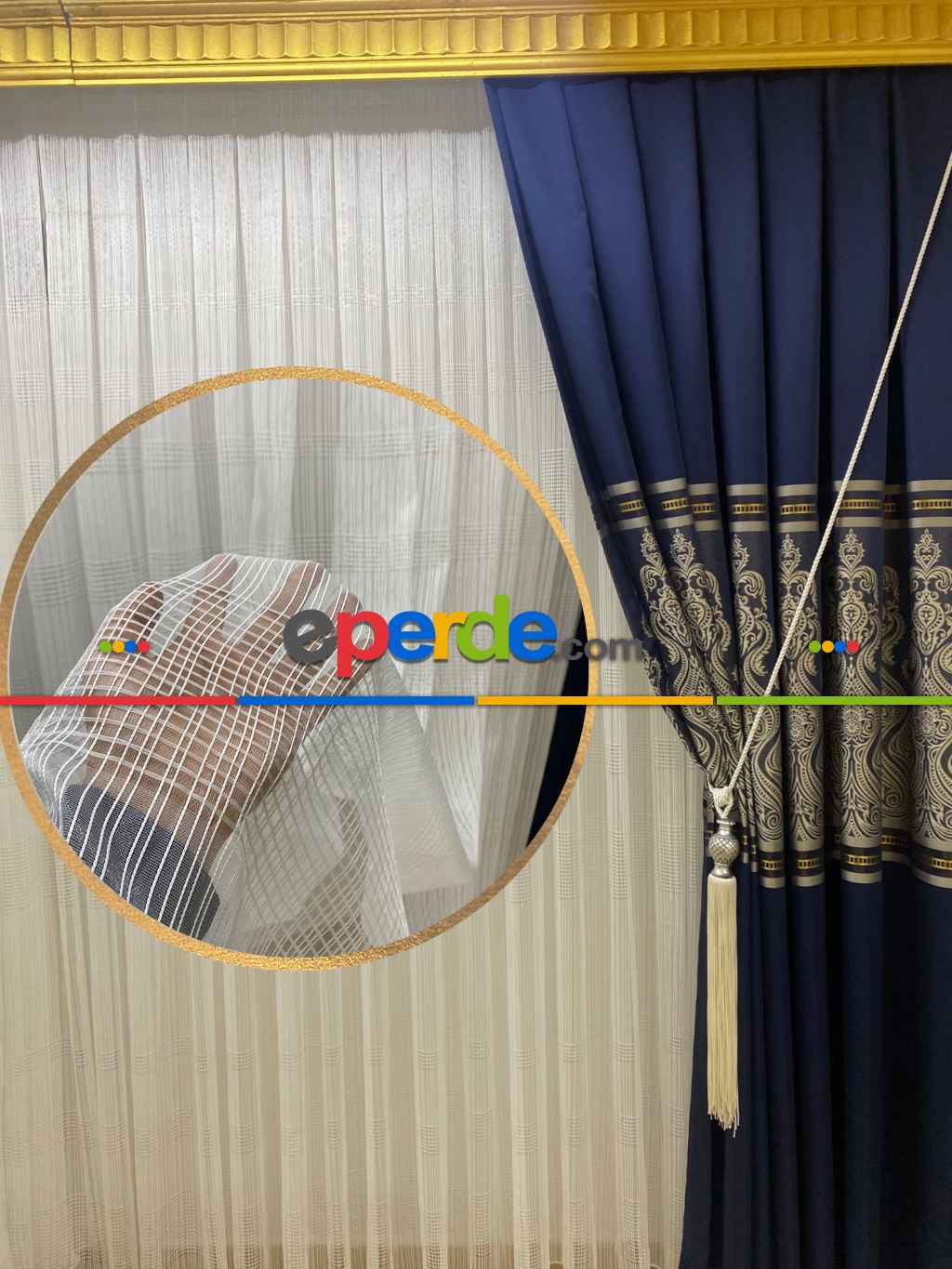 Kare Desen Çizgili Ütü İstemez Tül Perde-ekru