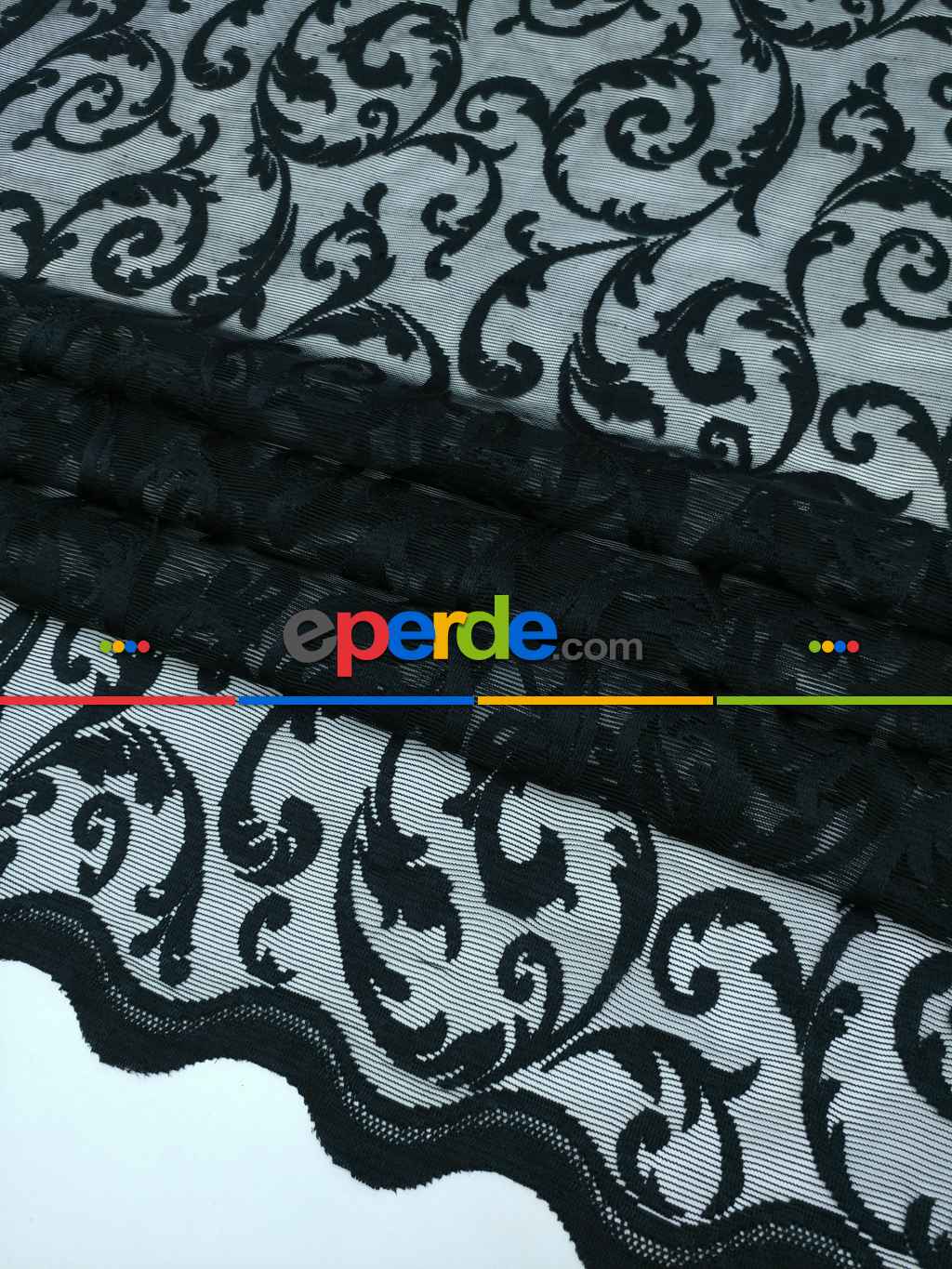Siyah - Tül Perde Ve Kruvaze Perde Mat Şal Desenli ( Dantel Tül)- Siyah
