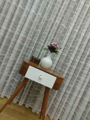 Enine Çizgili Etek Ucu Desenli Tül Perde- Ekru