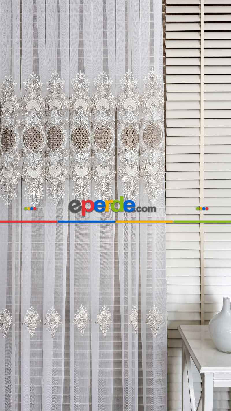 Ekru Bej Özel Dokuma, Özel İplik Brode İşlemeli Tül Perde - Ağır Gramajlı Premium Nakışlı