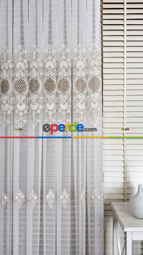 Ekru Bej Özel Dokuma, Özel İplik Brode İşlemeli Tül Perde - Ağır Gramajlı Premium Nakışlı