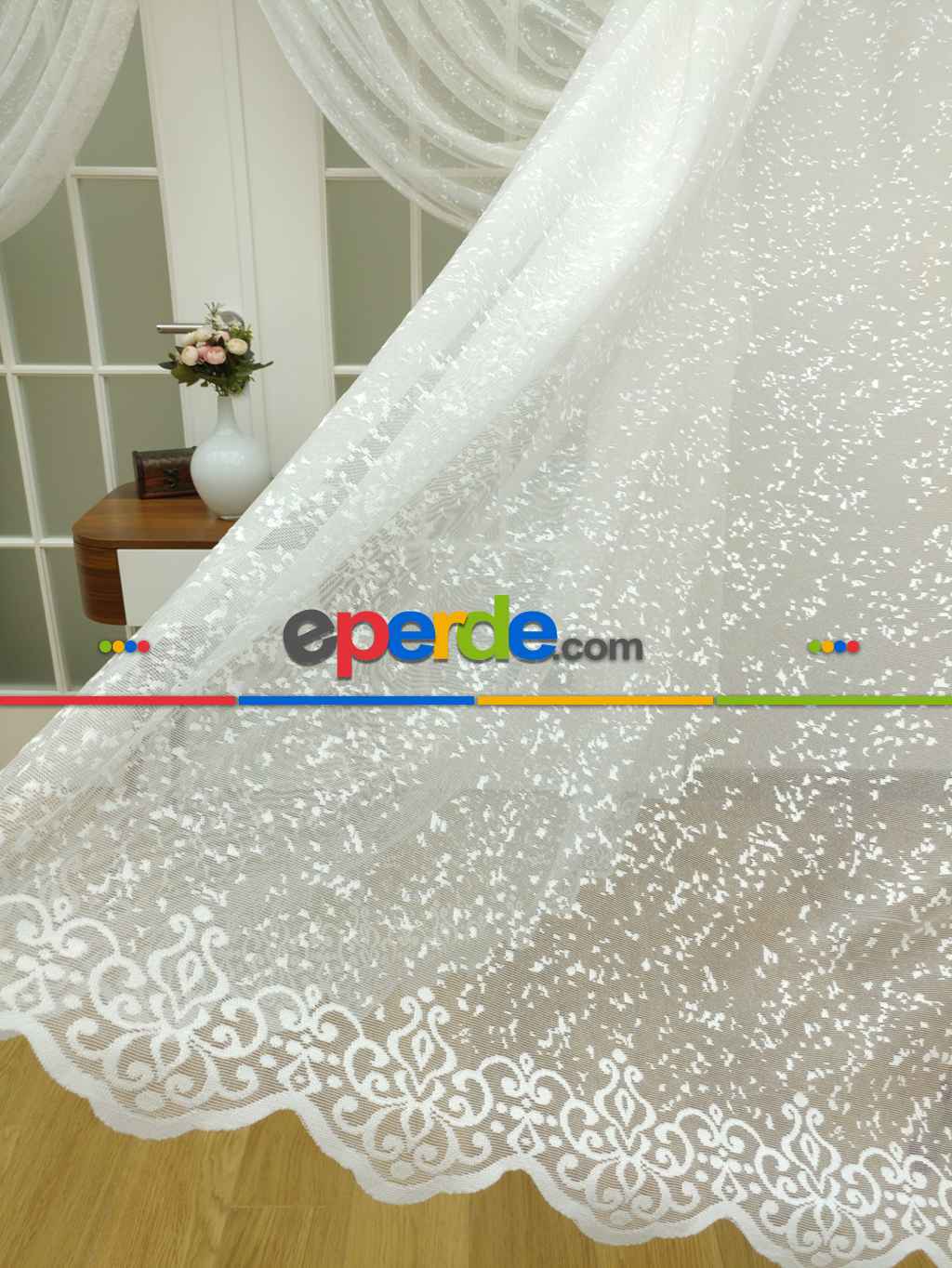 Etek Ucu Desenli Özel Örme Dokulu Kruvaze Ve Düz Model Tül Perde Ekru