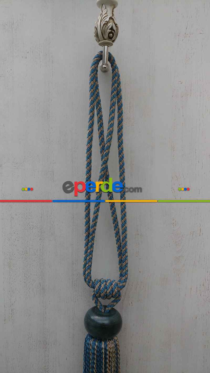 Ahşap Petrol Mavisi Braçol Perde Bağı- Petrol Mavisi