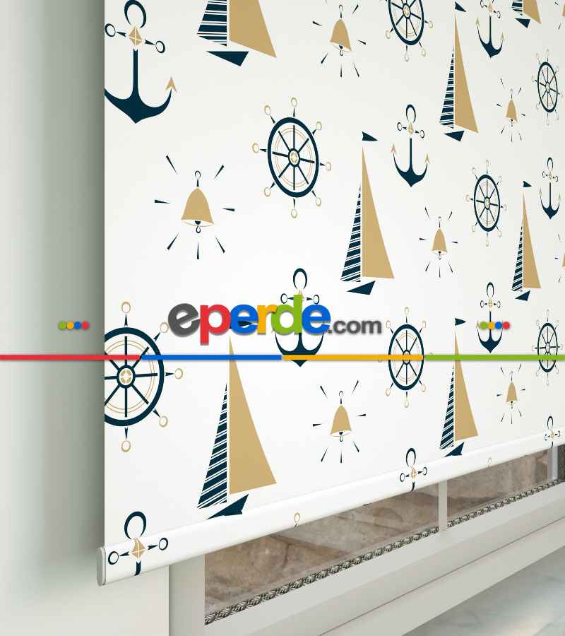 Çocuk Odası - Yelkenli Baskılı Stor Perde- Mavi-Beyaz-Hardal Sarısı