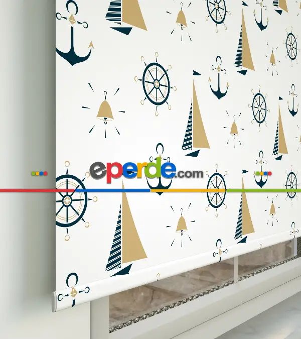 Yelkenli Baskılı Stor Perde- Mavi-beyaz-hardal Sarısı