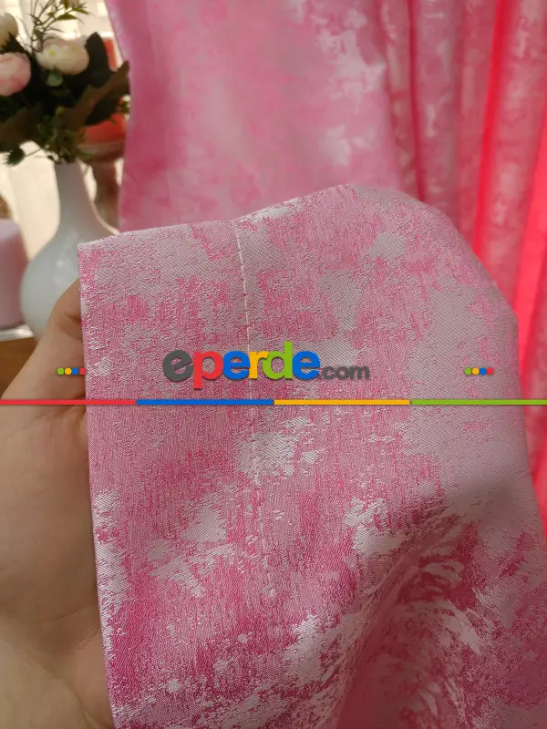 Pembe Renk Jakar Desenli Fon Perde- Şeker Pembe